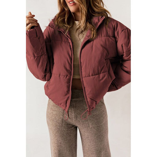 Burgundy Zip Up Drawstring Hem Puffer Coat - Sokayaa
