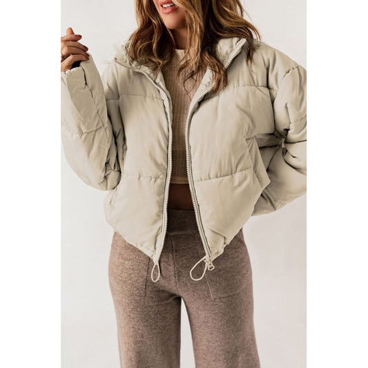 Apricot Zip Up Drawstring Hem Puffer Coat - Sokayaa