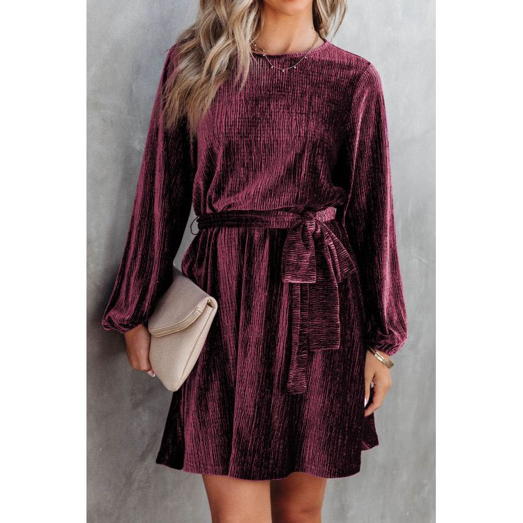 Burgundy Red Tie Waist Crinkle Velvet Dress - Sokayaa