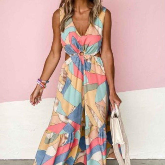 Boho Print Cut Out Maxi Dress, multicolour