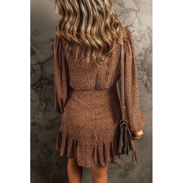 Coffee Leavy Print Long Sleeve Cinched Waist Ruffled Dress