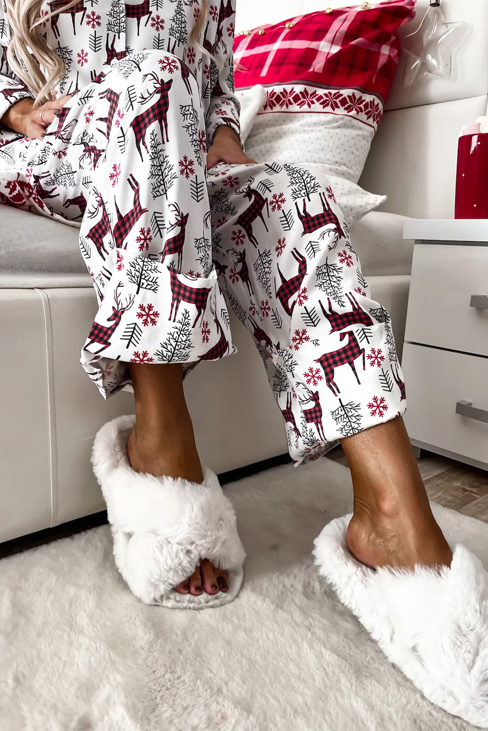 White Christmas Printed Shirt and Pants Pajama Set