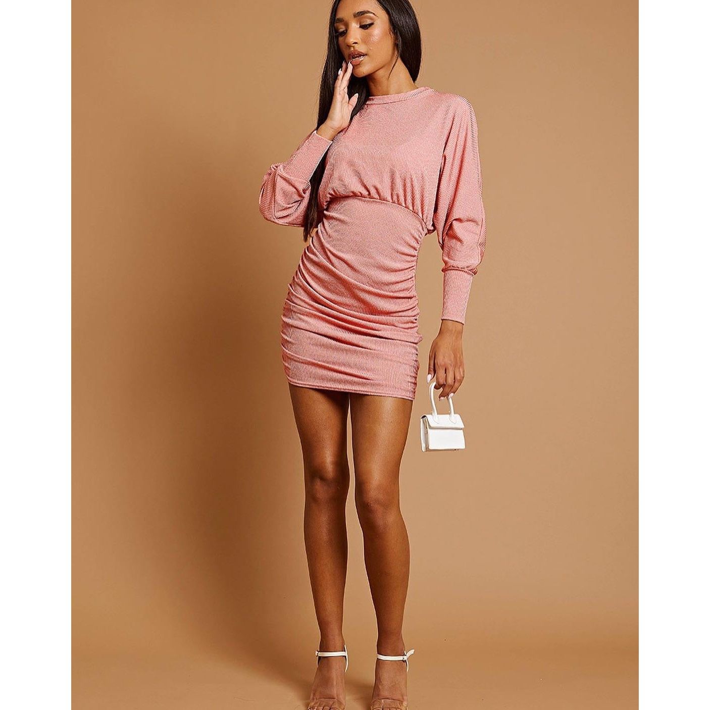 Rose Pink Ruched Mini Dress - Sokayaa