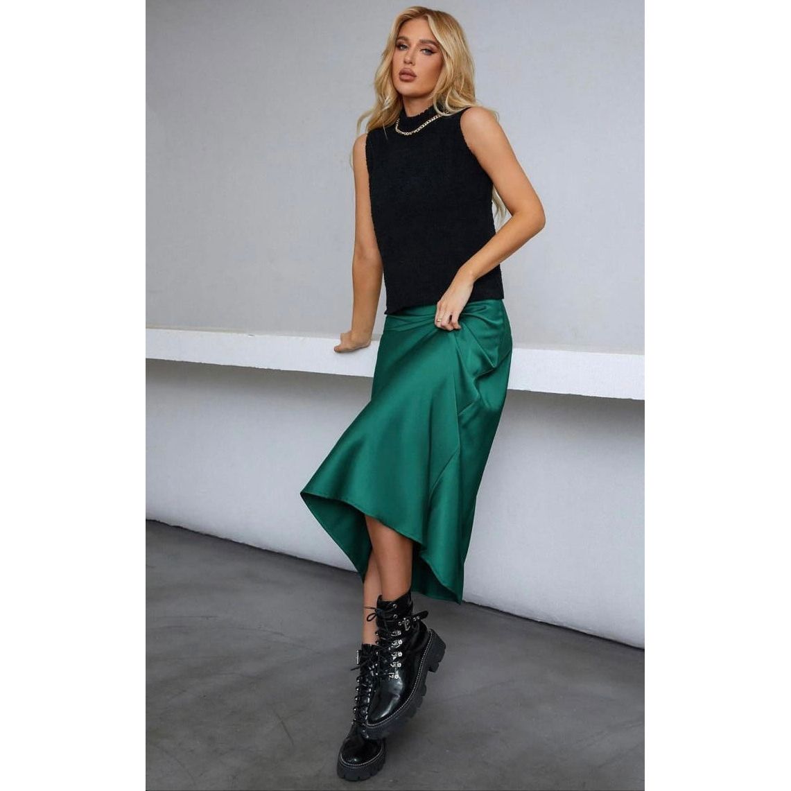 Black Knit Top 2 in 1 Forest Green Midaxi Slip Dress - Sokayaa