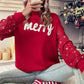 Racing Red Merry Graphic Sequin Sleeve Turtleneck Sweater