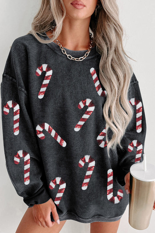 Black Xmas Candy Cane Sequin Graphic Corded Sweatshirt