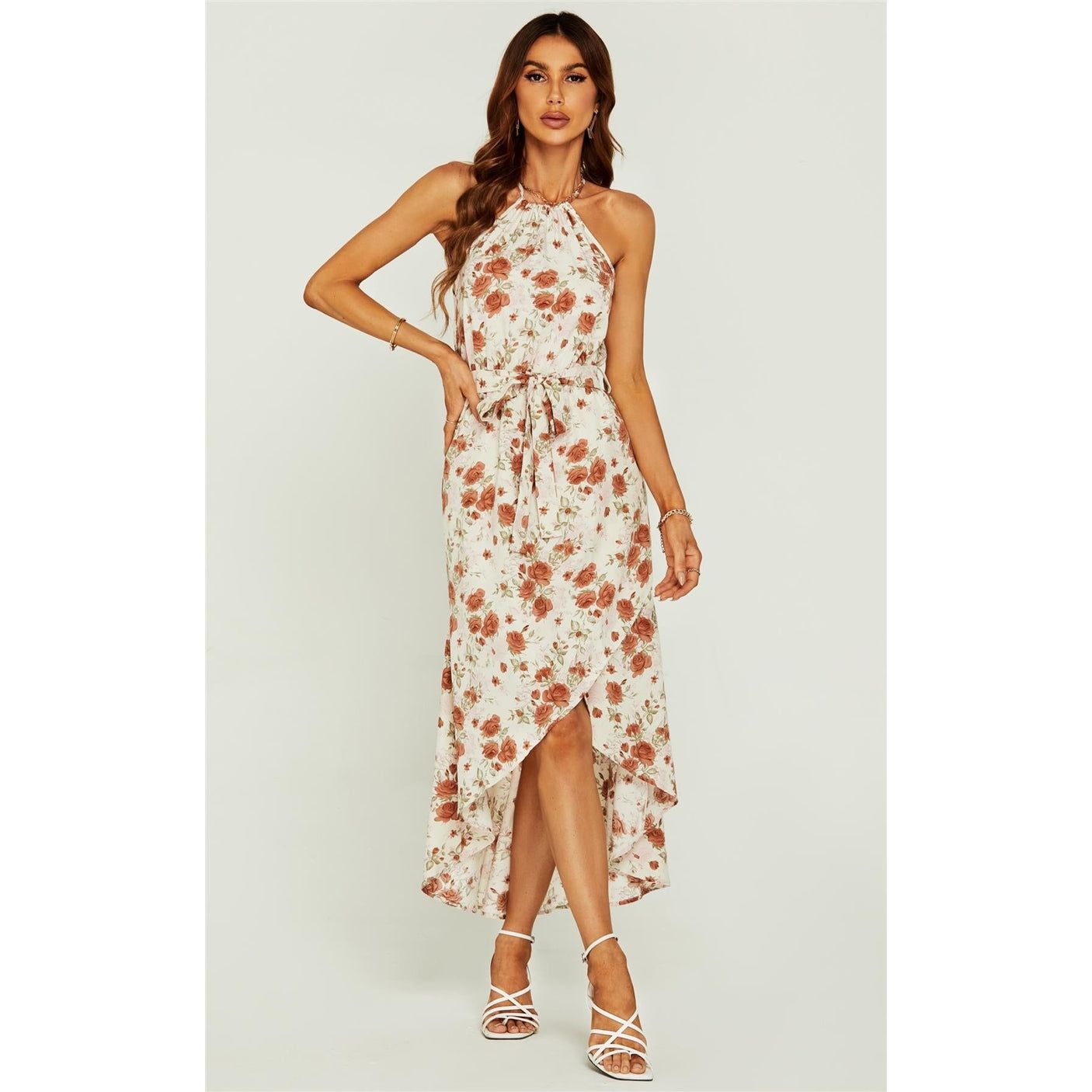 Rose Print Hight Low Spilt Halterneck Tiered Maxi Dress in White Holiday Travel Sunglasses