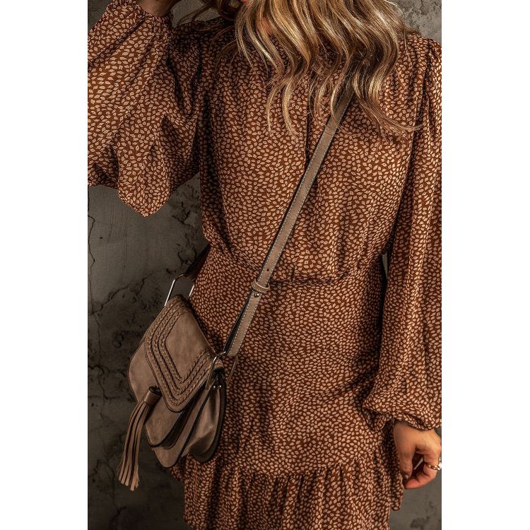 Coffee Leavy Print Long Sleeve Cinched Waist Ruffled Dress