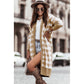 Beige Plaid Pattern Ribbed Trim Long Cardigan - Sokayaa