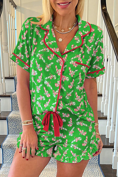 Green Christmas Candy Cane Print Pocketed Knotted Pajama Set