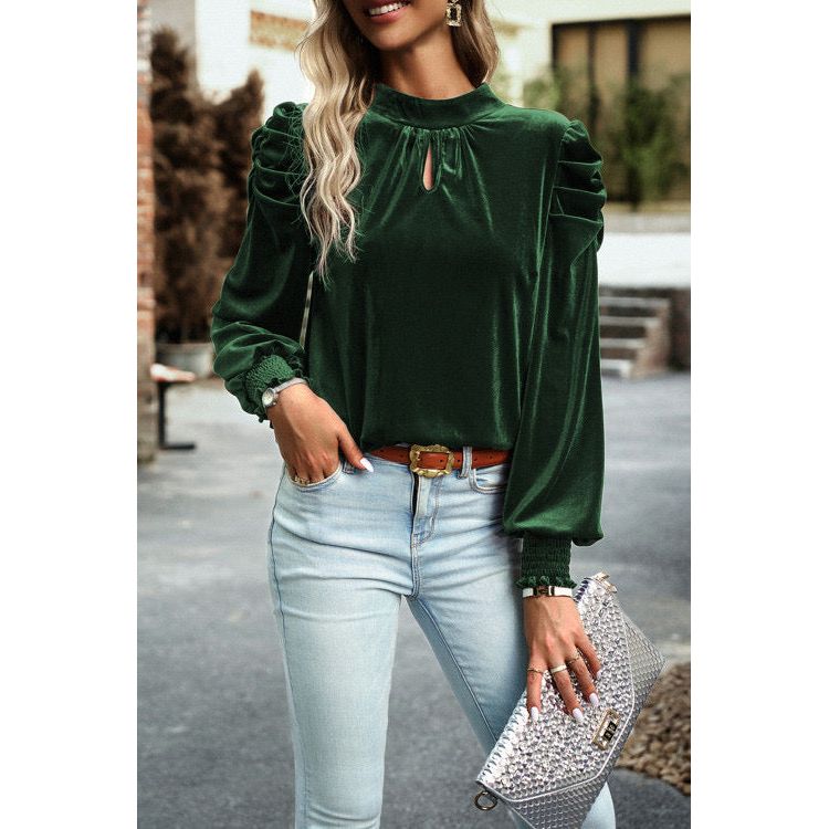 Green Mock Neck Puff Sleeve Velvet Blouse - Sokayaa