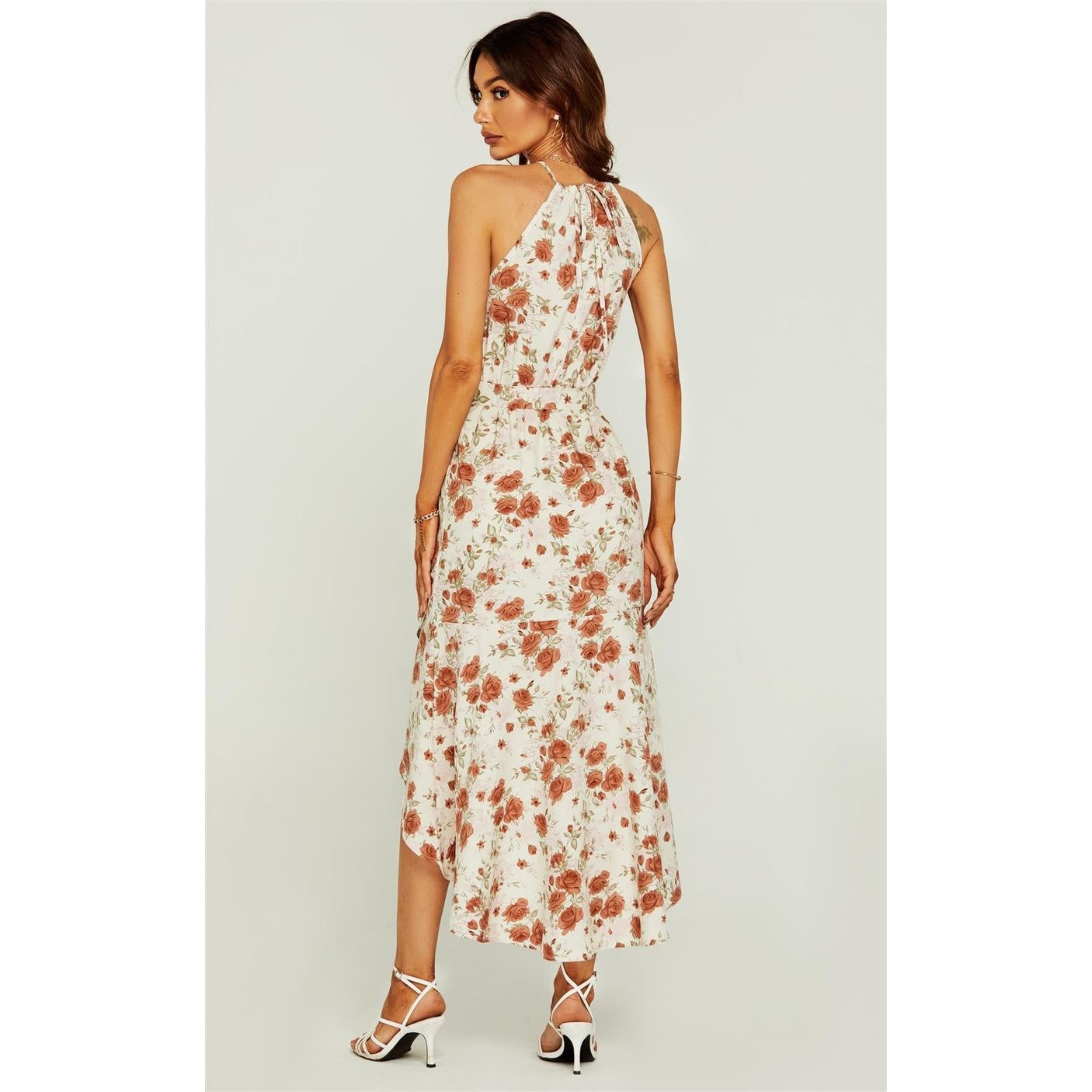 Rose Print Hight Low Spilt Halterneck Tiered Maxi Dress in White Holiday Travel Sunglasses