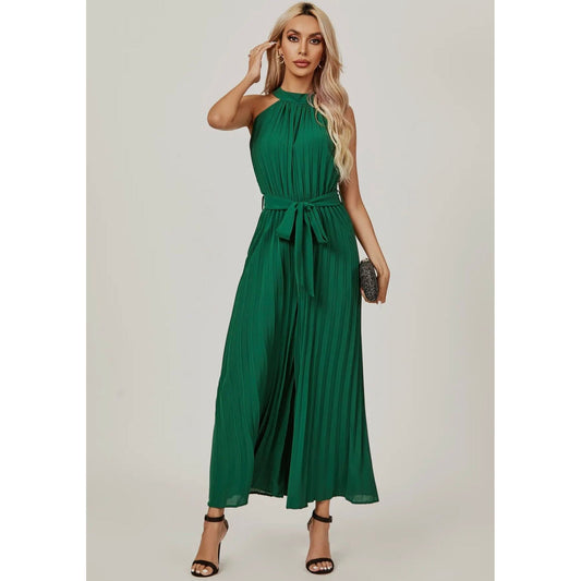 Halter Neck Pleated Jumpsuit in Green