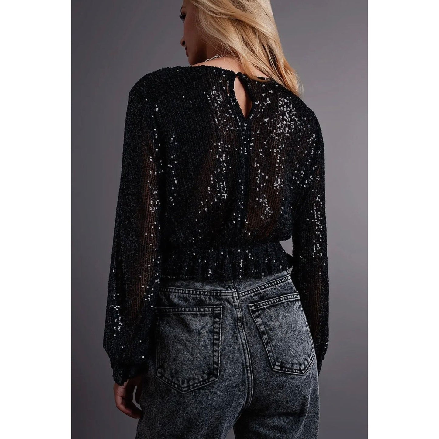 Cross Over Cropped and Sheer Top with Sequins in Black - Sokayaa