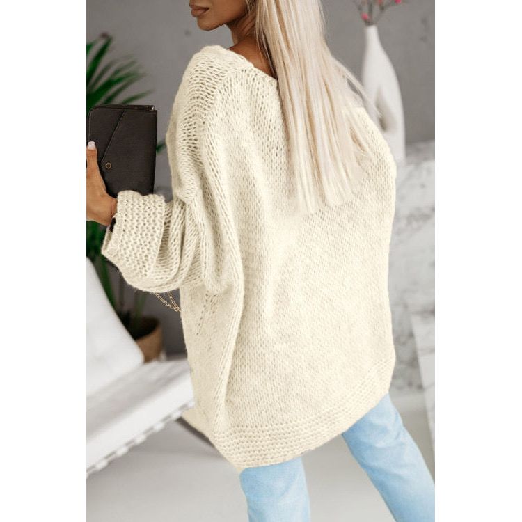 Apricot Loose Knitted V Neck Sweater - Sokayaa