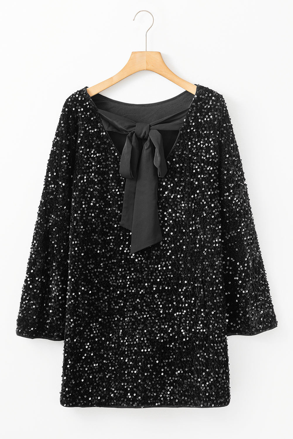 Black Sequin Long Sleeve Knot Cutout Back Mini Dress