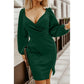 Green Wrap Bubble Sleeve Bodycon Mini Dress with Split - Sokayaa