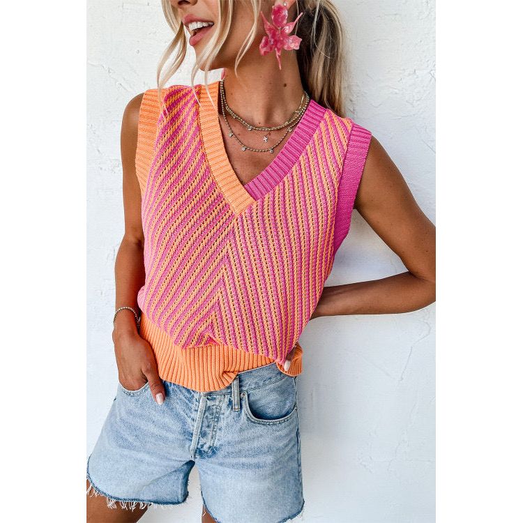 Strawberry Pink Contrast Chevron Knit V Neck Sweater Vest - Sokayaa