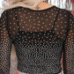 Black Rhinestone Embellished Mesh Long Sleeve Bodysuit