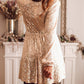 Apricot Wrapped V-neck Sequin Dress