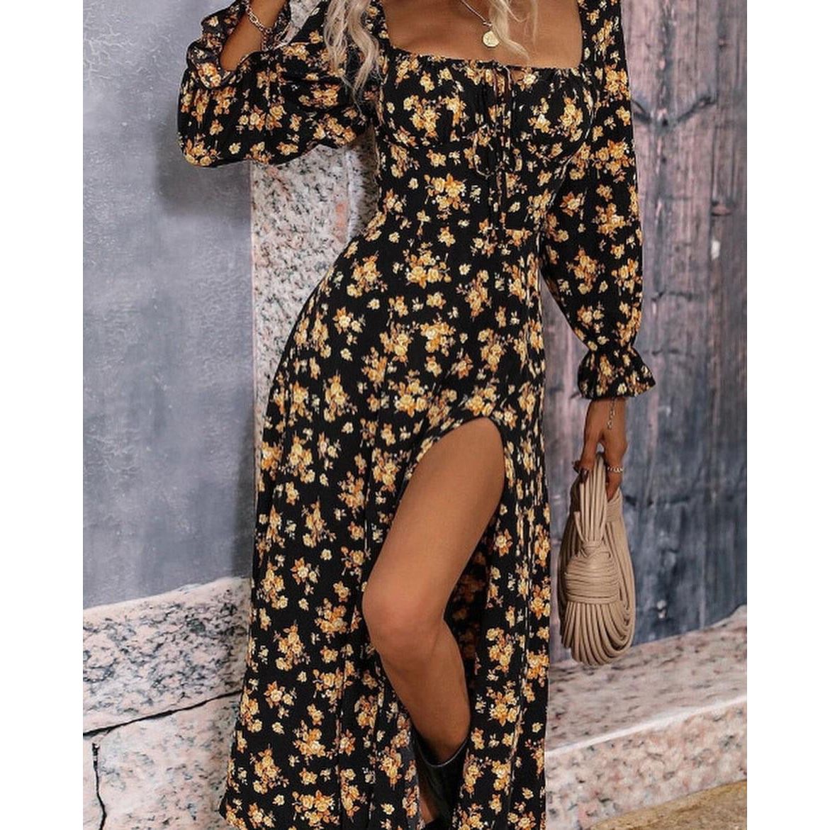 Black Floral Tie Square Neck Puff Sleeve Slit Dress - Sokayaa