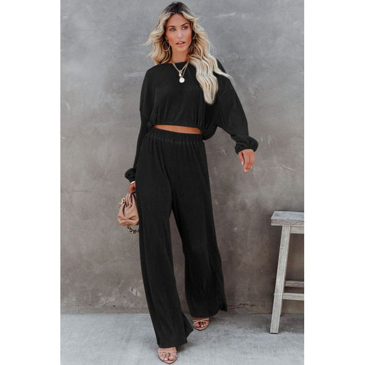 Black Corded Cropped Pullover and Wide Leg Pants Set, coord, twopiece