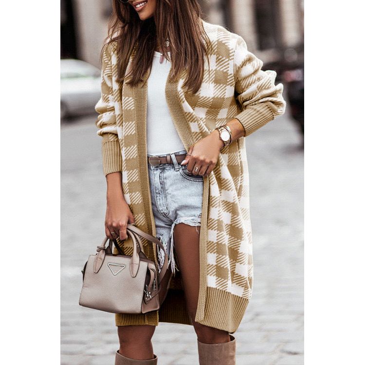 Beige Plaid Pattern Ribbed Trim Long Cardigan - Sokayaa