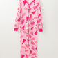 Pink Christmas Tree Print V Neck Buttoned Pullover and Drawstring Pants Lounge Set