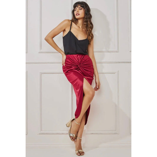 Burgundy Satin Knotted Midi Skirt - Sokayaa