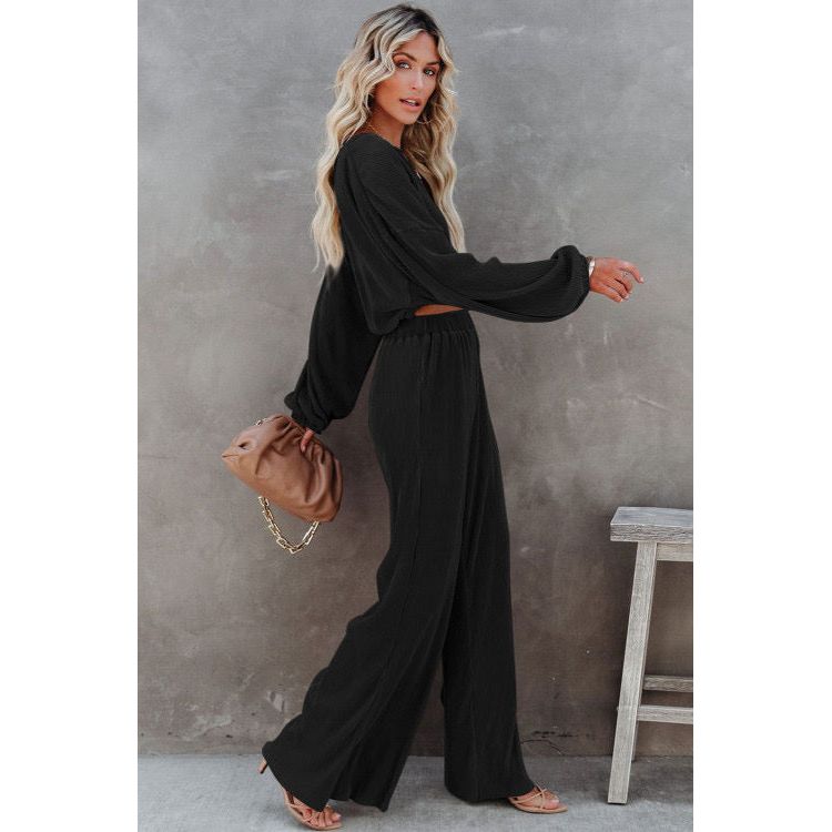 Black Corded Cropped Pullover and Wide Leg Pants Set, coord, twopiece