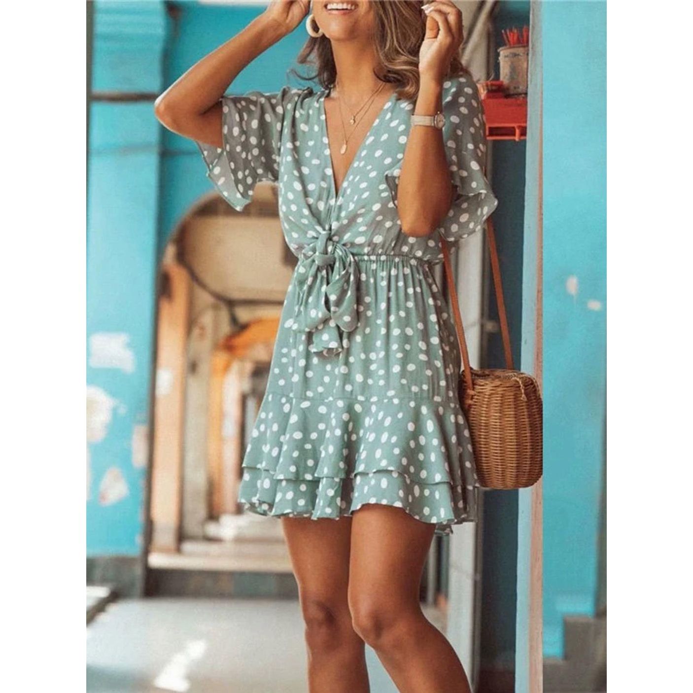 Frill Skater Mini Dress in Mint with Spot Print Holiday Shop