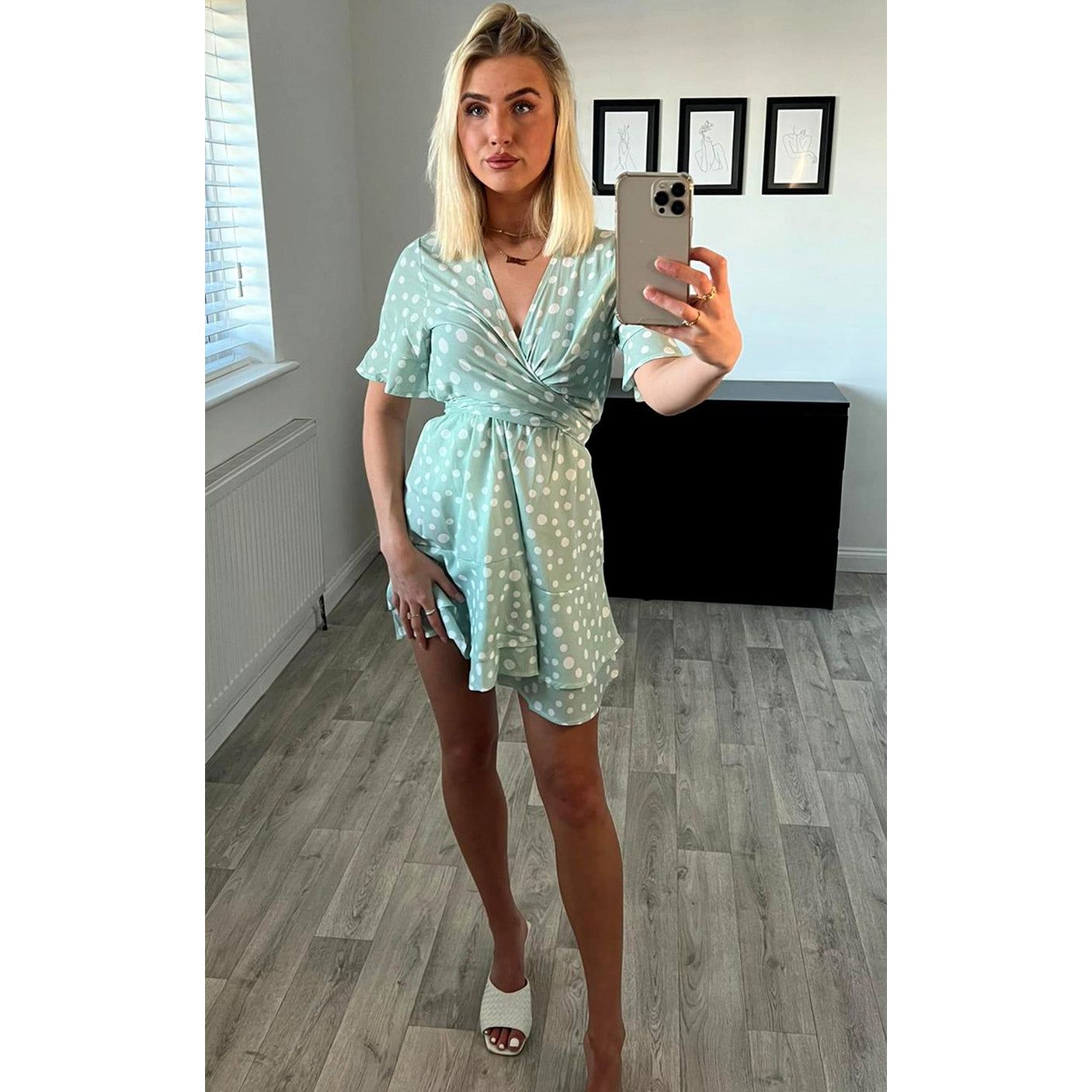 Frill Skater Mini Dress in Mint with Spot Print Holiday Shop