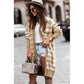 Beige Plaid Pattern Ribbed Trim Long Cardigan - Sokayaa