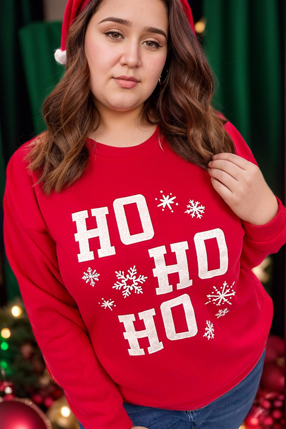 Fiery Red Christmas Ho Ho Ho Graphic Plus Size Sweatshirt