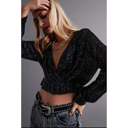 Cross Over Cropped and Sheer Top with Sequins in Black