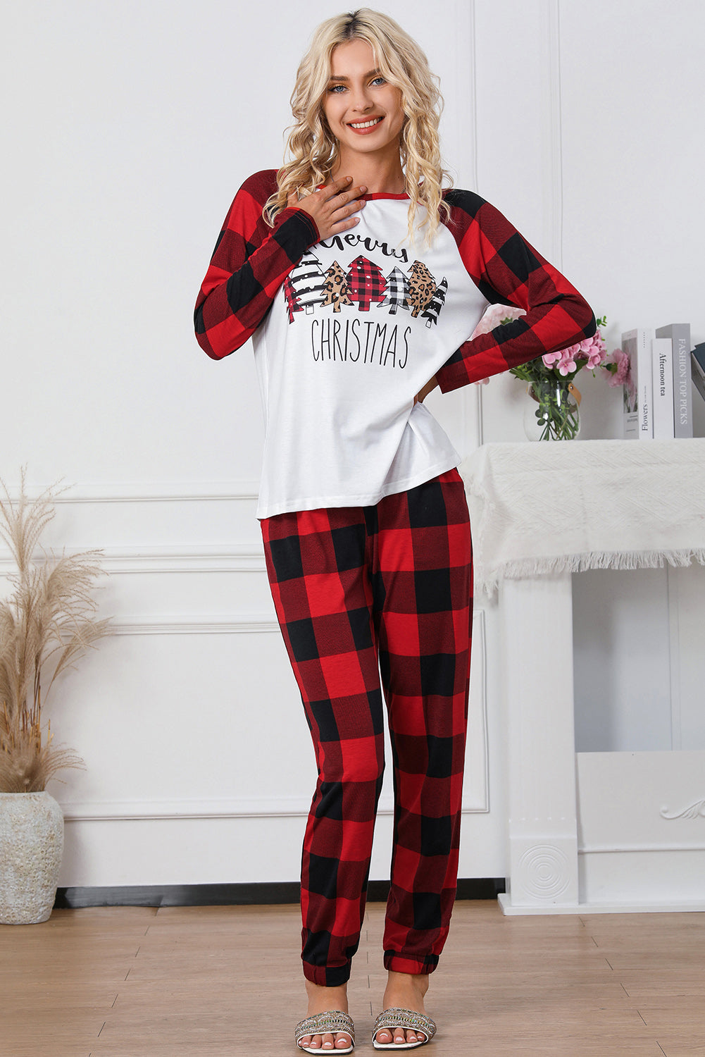 Fiery Red Plaid Merry Christmas Graphic Loungewear Set