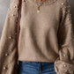 Smoke Gray Pearled Drop Shoulder Round Neck Sweater