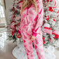 Pink Christmas Tree Print V Neck Buttoned Pullover and Drawstring Pants Lounge Set