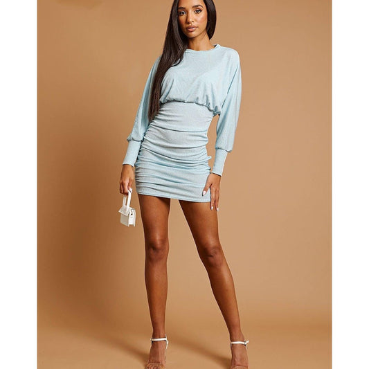 Light Blue Ruched Mini Dress - Sokayaa