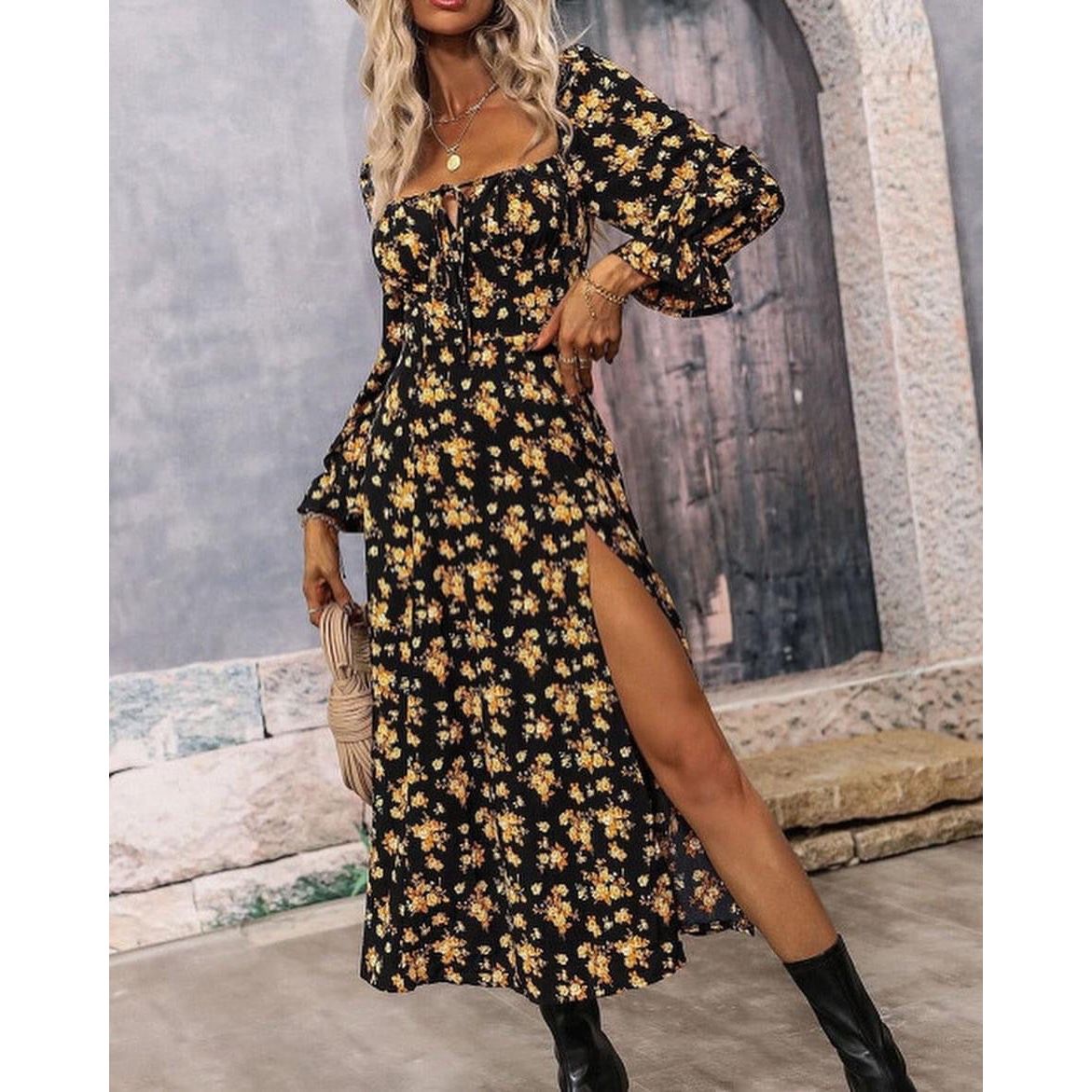 Black Floral Tie Square Neck Puff Sleeve Slit Dress - Sokayaa