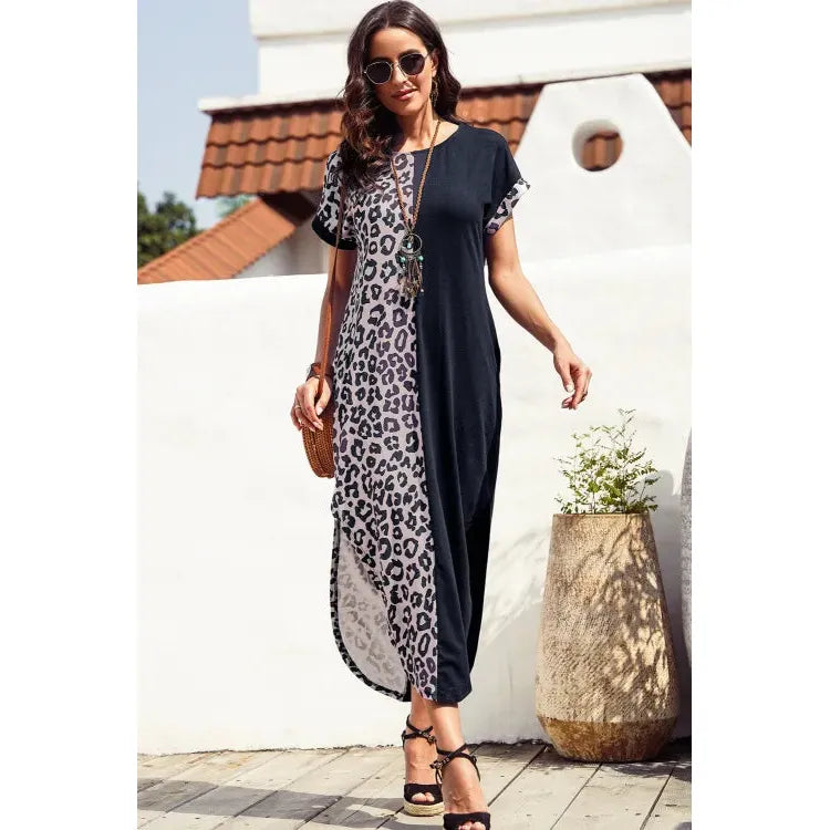 Black Contrast Solid Leopard Short Sleeve T-shirt Dress with Slits - Sokayaa