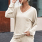 Beige Corded V Neck Slouchy Top Pocketed Shorts Set