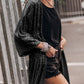 Black Sequin 3/4 Sleeve Open Front Duster Kimono