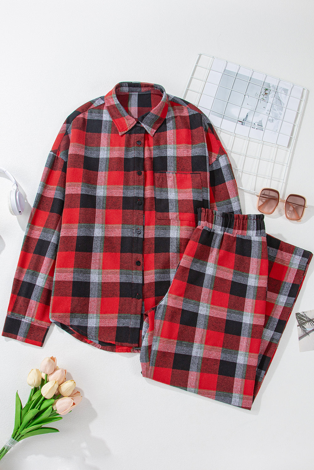 Red Christmas Checkered Pattern Loose Shirt and Pants Lounge Set