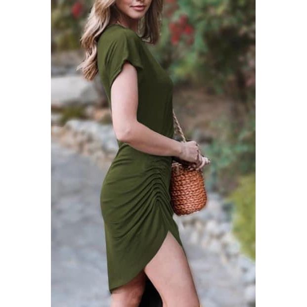 Khaki Side Rouched Short Sleeve Dress - Sokayaa