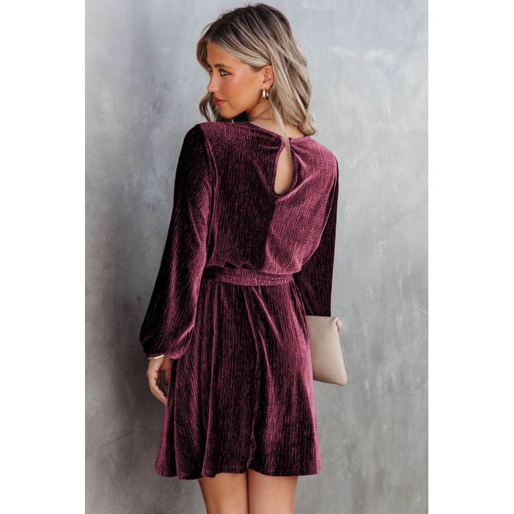 Burgundy Red Tie Waist Crinkle Velvet Dress - Sokayaa