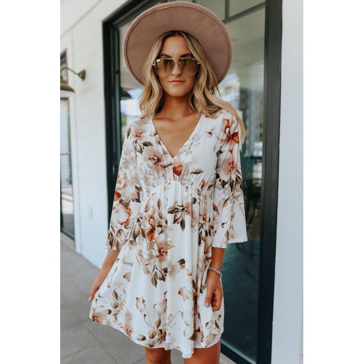 White V Neck 3/4 Sleeve Floral Dress