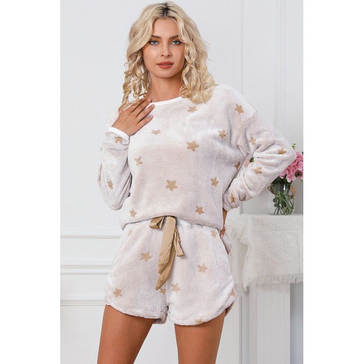 White Plush Star Pattern Long Sleeve Pullover and Shorts Lounge Set