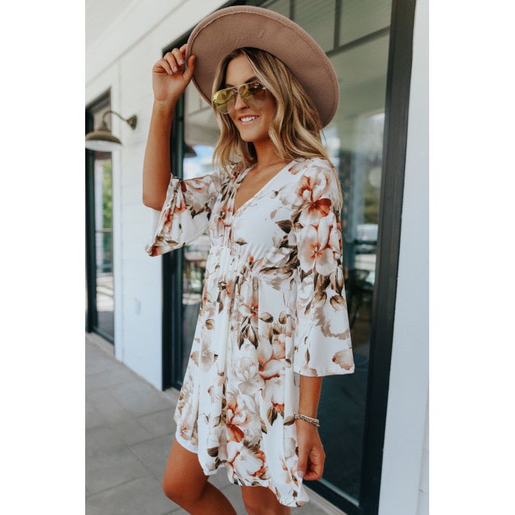 White V Neck 3/4 Sleeve Floral Dress