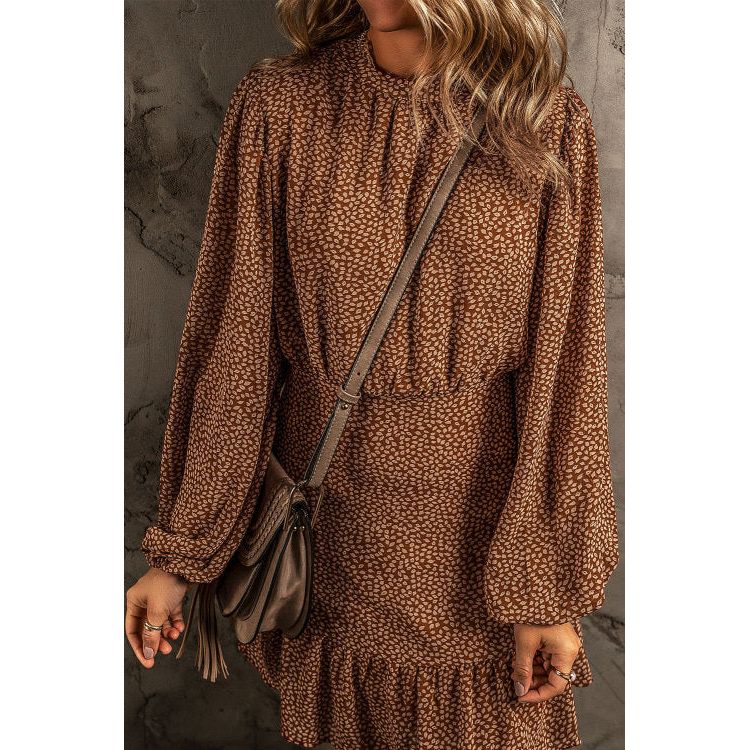 Coffee Leavy Print Long Sleeve Cinched Waist Ruffled Dress